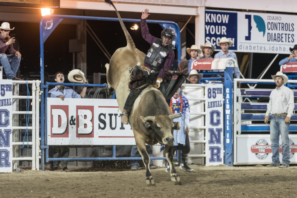 Man competing in bull riding at a rodeo